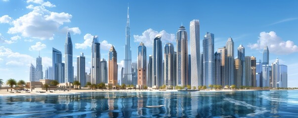 A city skyline with a large building in the middle