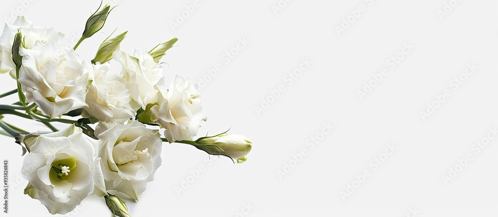 Wall mural White flowers on a white isolated background with copyspace Lisianthus flowers