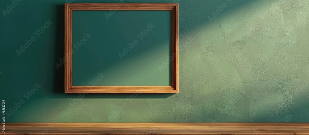 Poster green wall empty wooden desk and wooden frame clear space for text and images. copy space image. pla