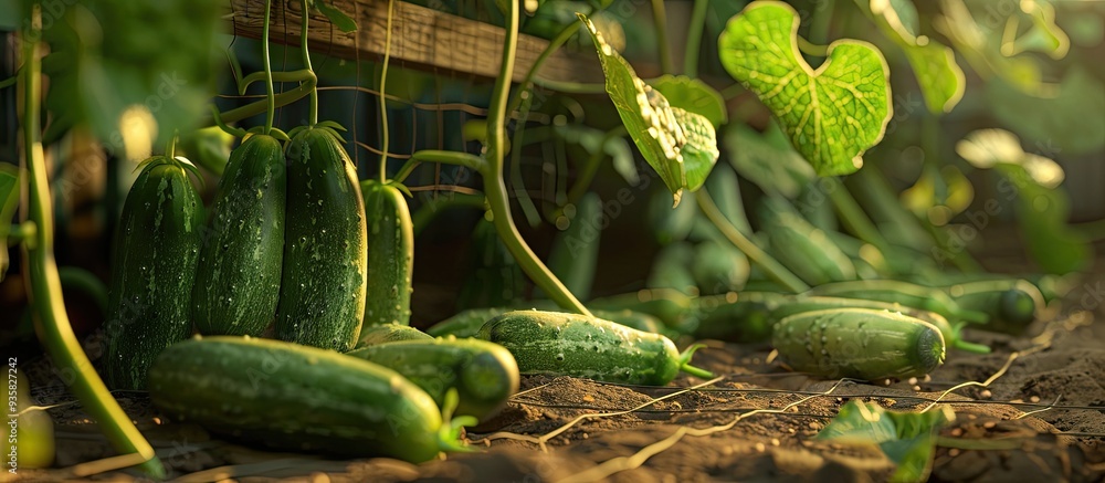 Aufkleber cucumbers in the garden are supported by a trellis cucumbers growing in a village garden cucumber vi