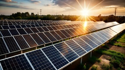 Solar Panels in Field at Sunrise