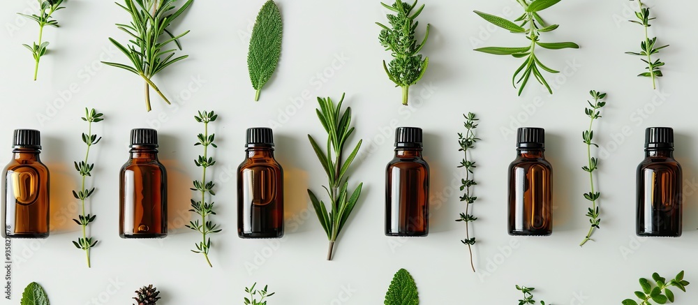 Poster flat lay featuring herbs and bottles of essential oil on a white background. copy space image. place