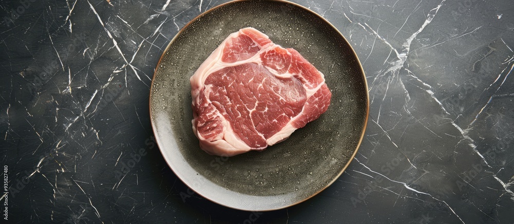 Poster raw pork on a ceramic plate for preparation. copy space image. place for adding text and design