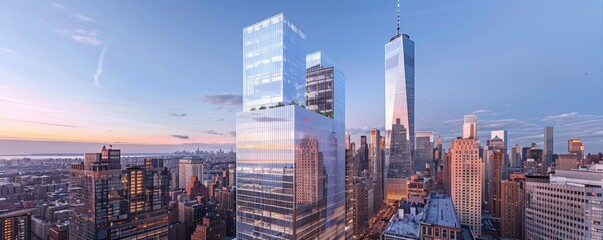 A city skyline with a large building in the middle