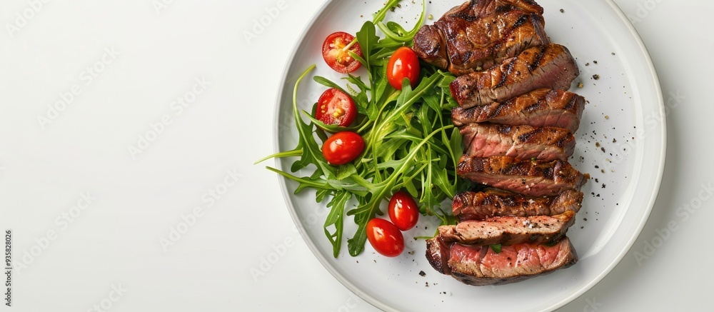 Poster roasted picanha or top sirloin beef steak served on a plate with an arugula salad isolated on a whit