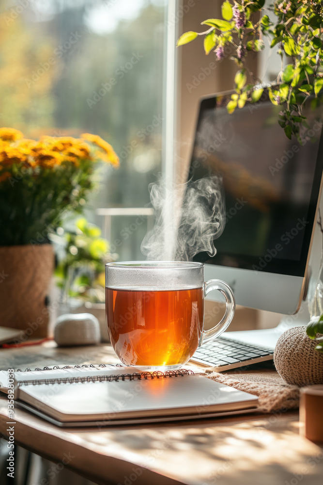 Poster desk setup, a tidy desk featuring a computer, an open notebook, and a steaming cup of herbal tea, cr