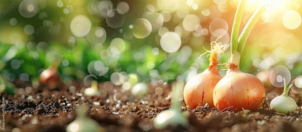 Poster a blend of onion for planting seeds. copy space image. place for adding text and design