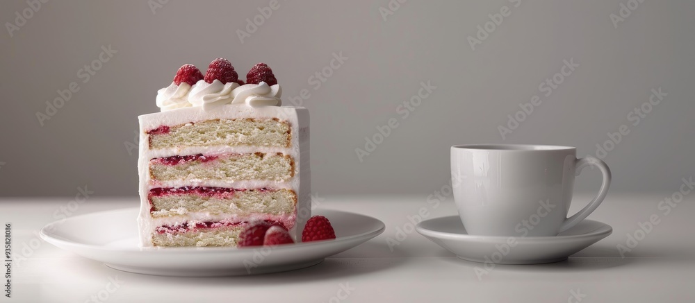 Poster a white fluffy cake with a raspberry layer and raspberry sits on a white round plate next to a white