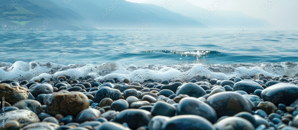 Poster seascape wet rounded pebbles in the foreground are washed by a wave from the blue sea and mountain h