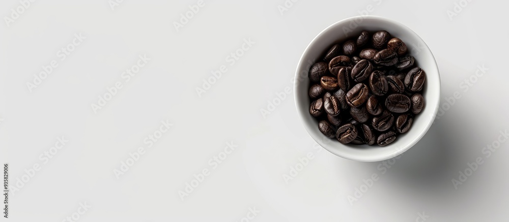 Poster dark roasted coffee beans in a ceramic ramekin isolated on white top view close up. copy space image