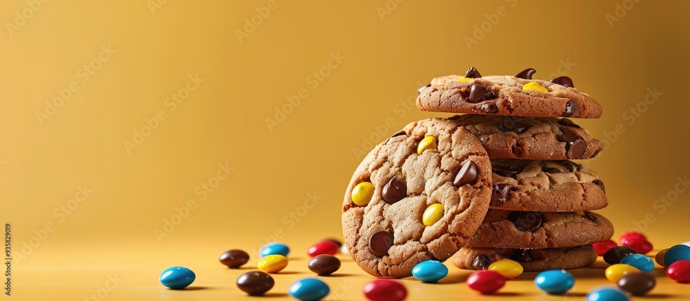 Poster homemade cookies with colorful chocolate candies against a bright background. copy space image. plac