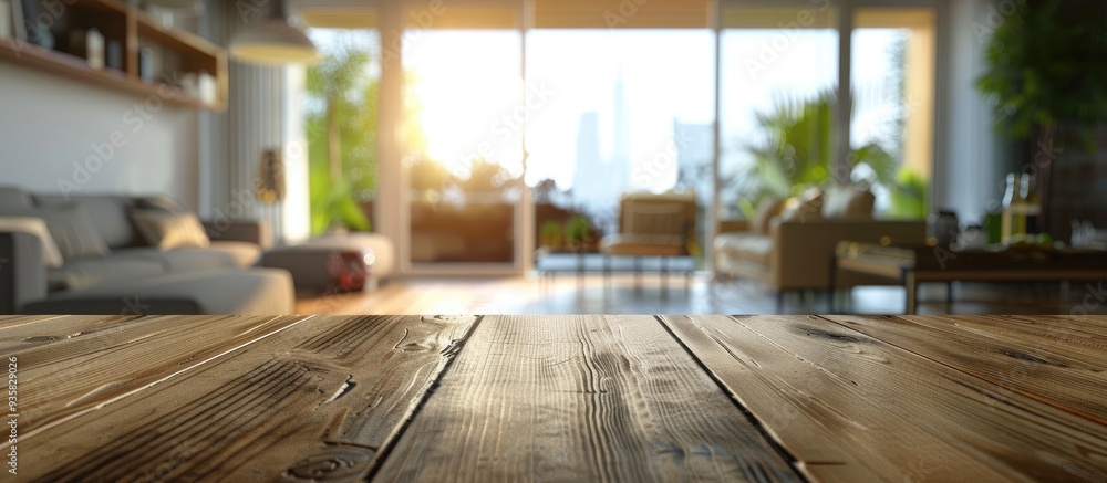 Poster tabletop with a blurred living room in the background. copy space image. place for adding text and d