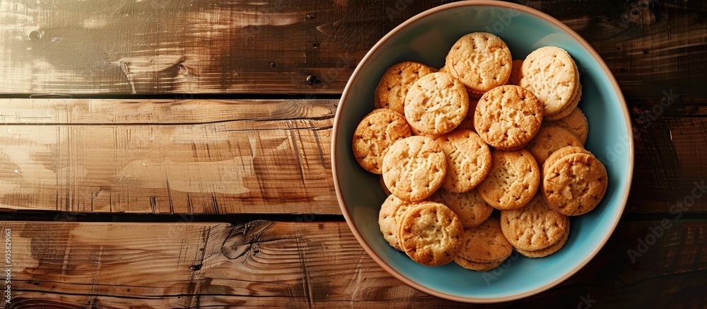 Poster bowl of biscuits on a wooden table aerial view. copy space image. place for adding text and design