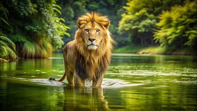 The lion stands tall in the river's gentle flow, its tawny coat blending with the surrounding foliage, its piercing gaze a symbol of serenity and protection.