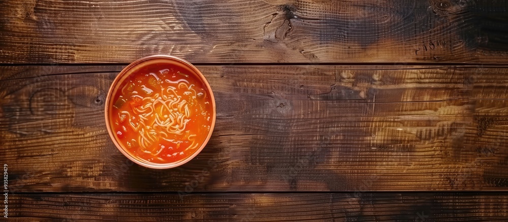 Poster tomato soup with noodles in a bowl placed on a wooden table. copy space image. place for adding text