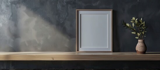 Photo frame on a wooden surface against a gray wall background. Copy space image. Place for adding text and design