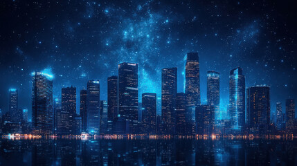 Fototapeta premium Night Cityscape, A vibrant dark blue city skyline at night, featuring illuminated skyscrapers standing tall against a starry sky