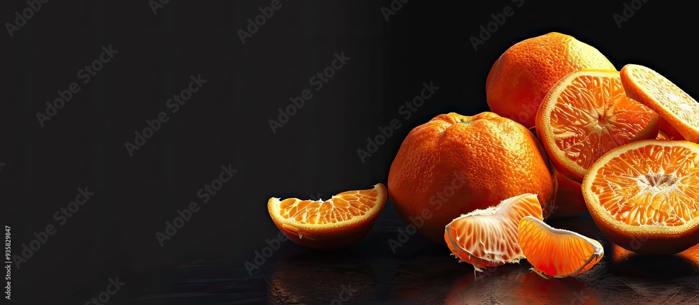 Poster delicious and attractive tangerines peeled tangerine oranges and tangerine orange slices set against