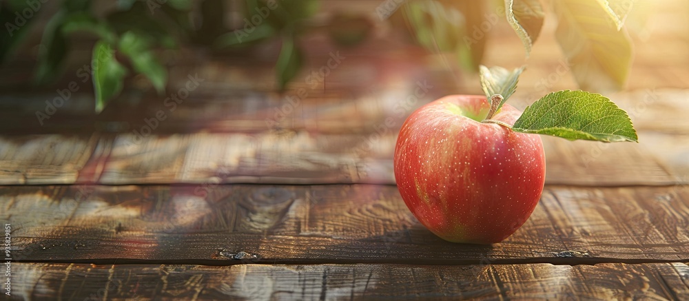 Poster an apple from a garden set against a wooden background the focus is on a garden not on farming. copy