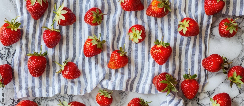 Poster strawberries are spread out on striped towels. copy space image. place for adding text and design