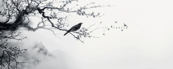 Fototapeta premium A bird is perched on a tree branch in a cloudy sky