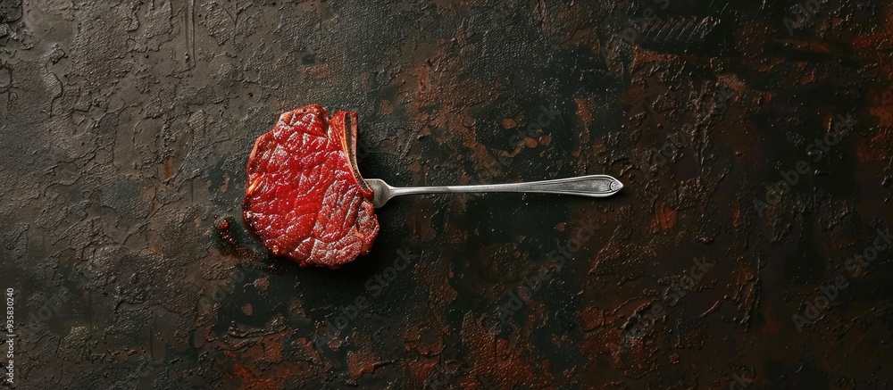 Aufkleber grilled ribeye beef steak on a fork on an aged table top view copyspace for your text