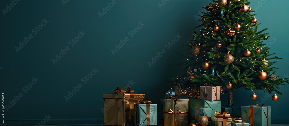Aufkleber christmas tree alongside gift boxes. copy space image. place for adding text and design