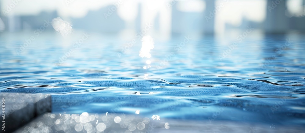 Poster blue coloring for an out of focus river and water scene with a concrete foreground. copy space image