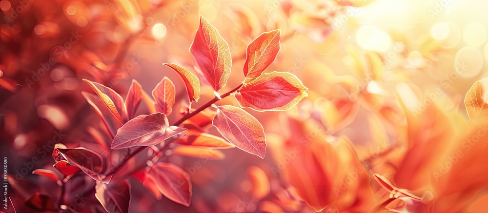 Poster red autumn leaves with a very shallow focus on a sunny fall day autumn leaves in shallow focus orang