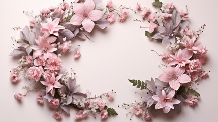 Obraz premium Wreath made of pink rose flowers on white background. Neural network ai generated art