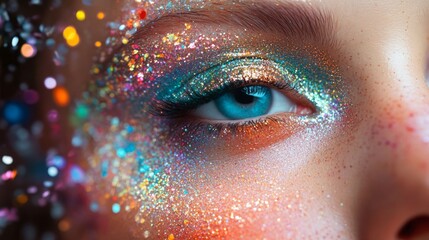 A woman's eye sparkles with vibrant glitter and shimmering colors, showcasing artistic makeup during a festive event.