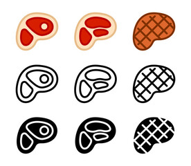 beef steak icon. Meat symbols set. BBQ sign. Raw meat pictogram. Grilled steak illustration. Protein symbol.
