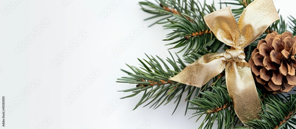 Poster christmas decor featuring pine needles and a pinecone adorned with a gold ribbon set against a white