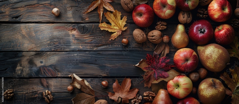 Poster autumn border featuring apples pears and walnuts on an aged wooden table fall thanksgiving and bakin