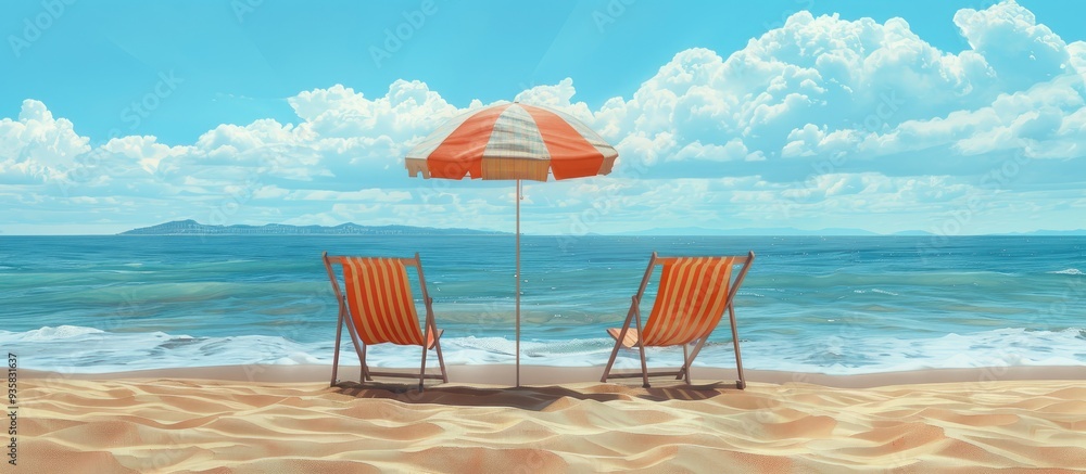 Poster a portrait of two beach chairs with an umbrella on the shoreline. copy space image. place for adding