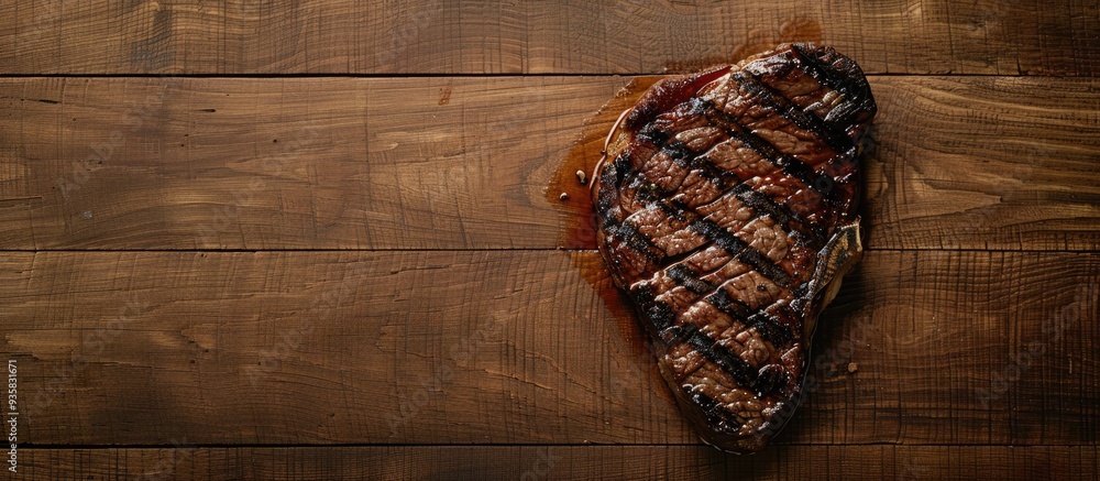 Poster overhead view of a section of juicy grilled beef steak on a textured wooden surface. copy space imag