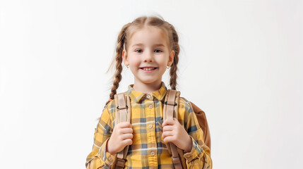 Happy Girl with School Backpack Standing on White Background