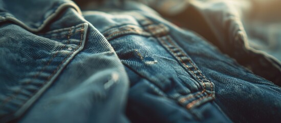 Close up view of a detail from a pair of blue jeans set against a blurred background of a lighter pair of jeans. Copy space image. Place for adding text and design