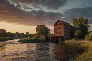 Obraz premium Mill by the river at sunset