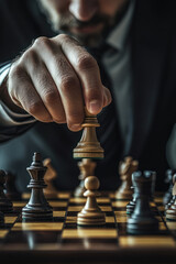 Business Strategy Chess,  A businessman carefully makes a strategic move on a chessboard, symbolizing planning and decision-making in a competitive environment
