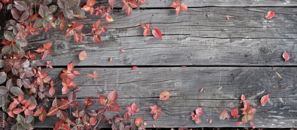 Poster autumn foliage on a weathered wooden surface. copy space image. place for adding text and design