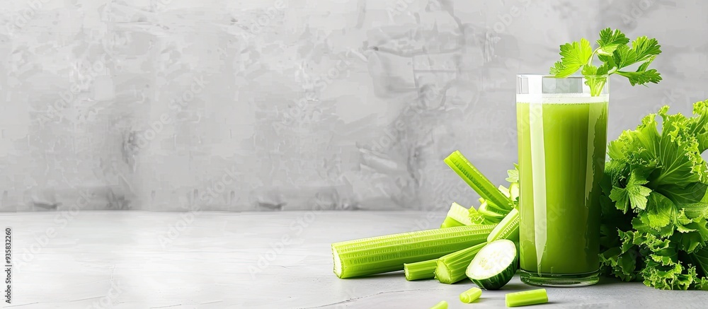 Poster a glass of celery juice alongside fresh vegetables on a white table with text space available. copy 