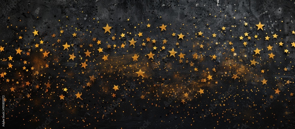 Poster golden stars against a black background top view. copy space image. place for adding text and design