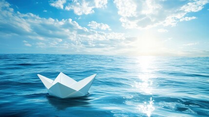 Obraz premium Small White Paper Boat In Big Ocean With Blue Sky And Sunshine - Business Opportunity/Vision Concept with generative ai