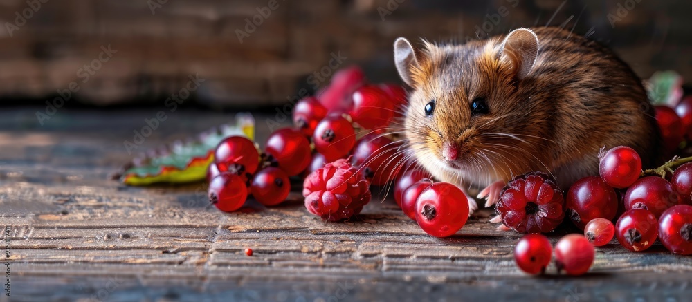 Poster harvest mouse with berry fruits. copy space image. place for adding text and design
