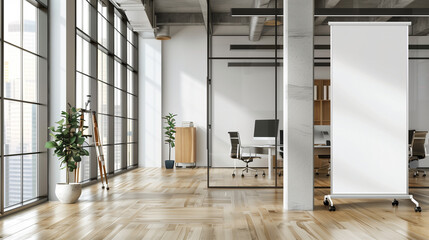 Modern Office with Roll-up Blank Standee Banner Mockup