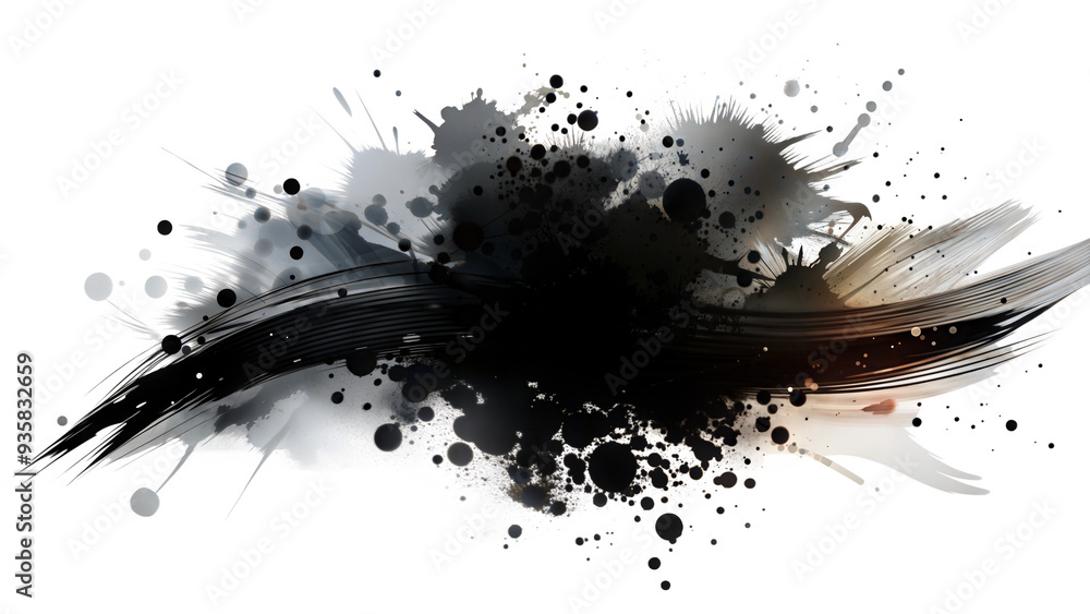 Poster four dynamic black ink splatters with artistic brush strokes on transparent background. concept of c