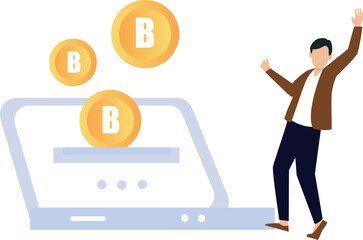 The boy is working on bitcoin currency.