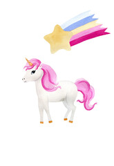 Children's birthday invitation with unicorn with pink hair and rainbow with star, hand-drawn watercolor illustration on white background. For cards