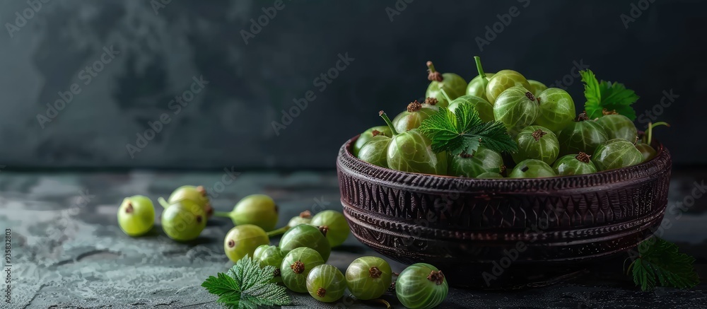 Poster fresh gooseberries in a bowl on a dark background. copy space image. place for adding text and desig